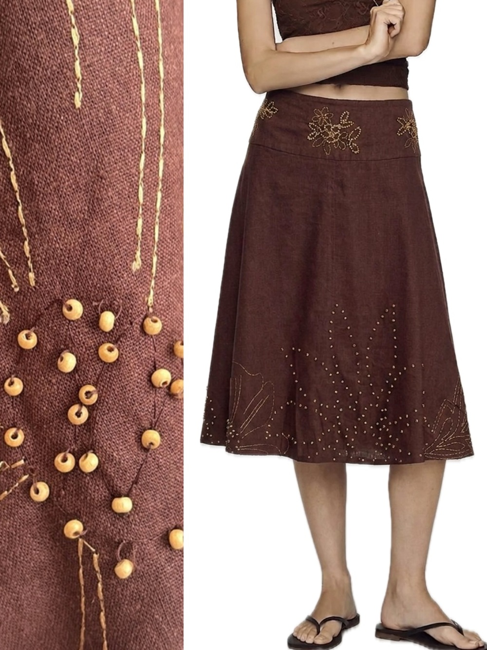 Richard Malcolm Floral Embroidered Beaded Midi Skirt Size 10 Brown Linen Blend